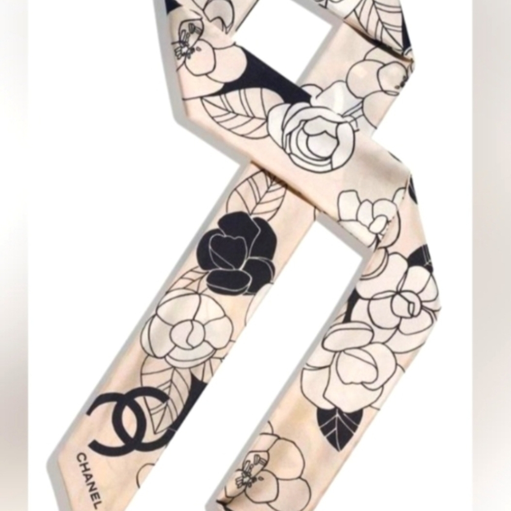 CHANEL Floral Silk Scarf - Black and Cream